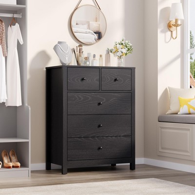 Tall 5 Drawer Dresser with Deep Drawers and Metal Knobs, Modern Wooden Double Chests of Drawers