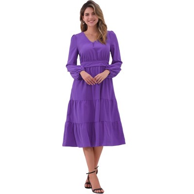 INSPIRE CHIC Women's V Neck Lantern Sleeve Ruffle Flowy A-Line Elegant Midi Dress