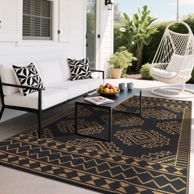 Large Outdoor Rug Waterproof Plastic Straw Rug, Foldable Lightweight RV Picnic Mat Reversible Geometric Outdoor Blanket for Deck Balcony Porch
