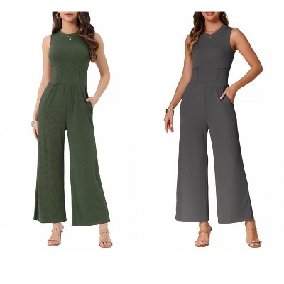 INSPIRE CHIC Women's Dressy Casual Outfits Sleeveless Crewneck Wide Leg Summer Jumpsuit 2 Packs