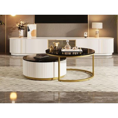 NicBex 31.5" Nesting Coffee Table Set,Modern Round Fluted Design with Storage Drawer,2-Piece Living Room Side Table Combo