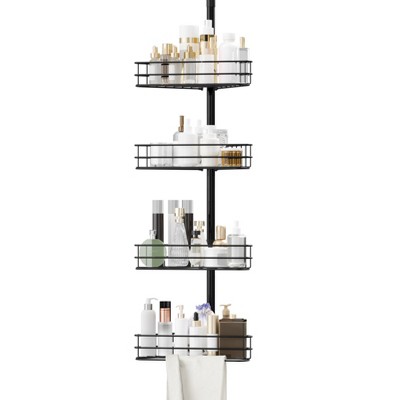 Tension Pole Shower Caddy, Corner Shower Caddies with 4 Basket Shelves and Built-In Towel Bars, Rustproof Bathroom Shower Organizer, 75 to 110 Inch