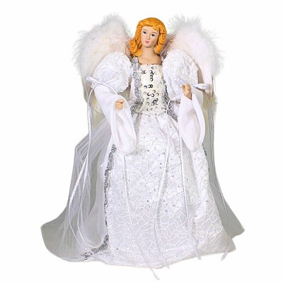Roman 14.0 Inch White/ Silver Angel Tree Topper Christmas Tree Topper , Free Standing Feather Wings (1PC)