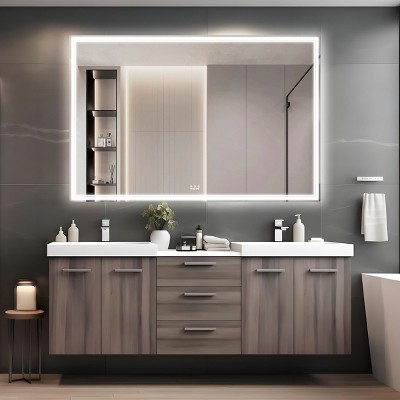 PAGED LED Bathroom Beveled Mirror Vanity Mirror with 3 Colors Dimmable and Enhanced Anti-Fog, Makeup Mirror for Wall