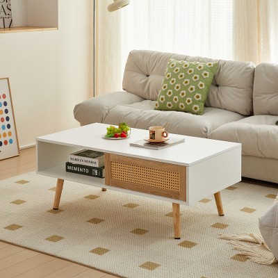 Anybear 41.34" White Rattan Coffee Table, Sliding Door For Storage