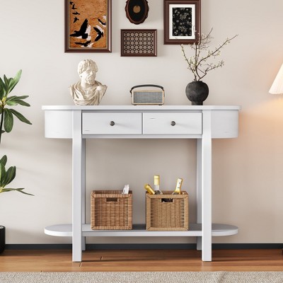 MOEPISY Elegant Retro Console Table with Curved Design and Smooth Glaze, Antique White