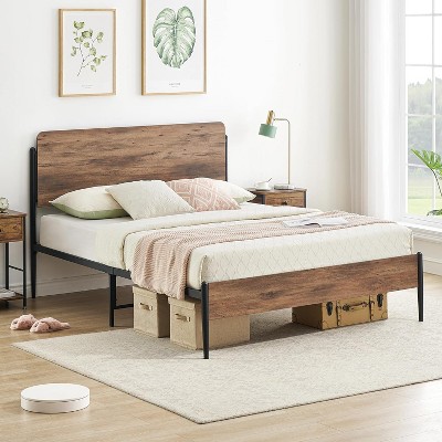 Queen Bed Frame w/Walnut Headboard & Footboard - Heavy Duty Metal Platform, 12.6" Storage, No Box Spring Needed, Easy Assembly