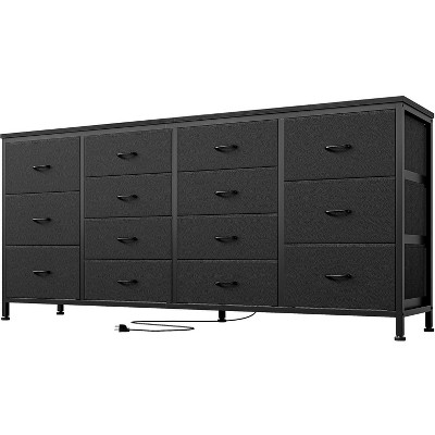 14 Drawer Dresser, 63 Inch Fabric Dresser TV Stand with Power Outlet for 65 70 75 Inch TV, Long Entertainment Center for Bedroom