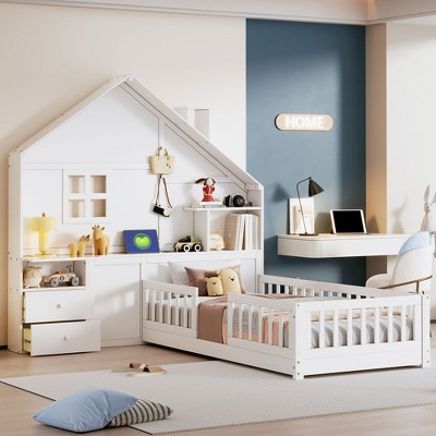 KIGFTSOD House Bed with Window and Bedside Drawers, Platform Bed with Shelves and a set of Sockets and USB Port, White