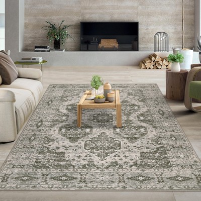 Vintage Rug Irregular Medallion Area Rug Ultra-Thin Non Slip Floral Print Indoor Mat for Living Room Dining Room Bedroom Farmhouse