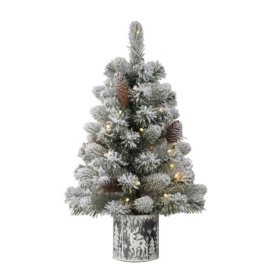 2ft Puleo Pre-Lit Flocked Tabletop Artificial Christmas Tree: Balsam, Hinged Branches, 35 Clear Lights, Metal Pot