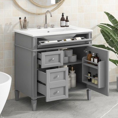 Grungis Freestanding Bathroom Vanity with Top Sink,Modern Single Sink Bathroom Storage Cabinet with 2 Drawers and a Tip-out Drawer