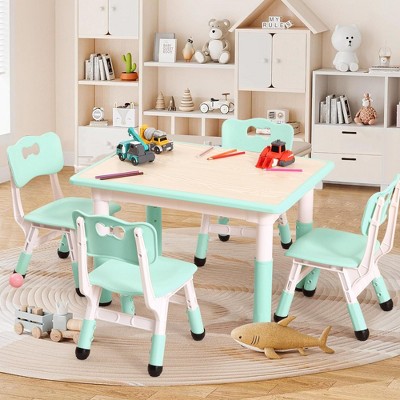 5-Piece Kids Table and Chairs, Height Adjustable Toddler Table and Chair Set for Ages 2-10 with Graffiti Desktop, Non-Slip Legs for Classroom/Daycare