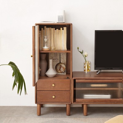 GDFStudio Denise 37.4"H Glass Door Pine Storage Cabinet with Shelve and Two Drawers