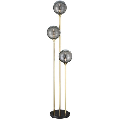 Possini Euro Design Arielle Mid Century Modern 67" Tall Standing Floor Lamp Tree 3-Light LED Foot Switch Gold Metal Brass Bubble Glass Gray Shade