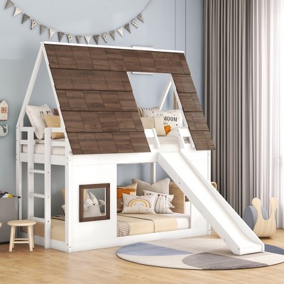 Whisen Twin Size House-Shaped Bunk Bed with Roof, Ladder and Slide