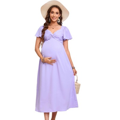 Maternity Ruffle Short Sleeve Midi Dress V Neck Twist Front Summer Baby Shower Dress