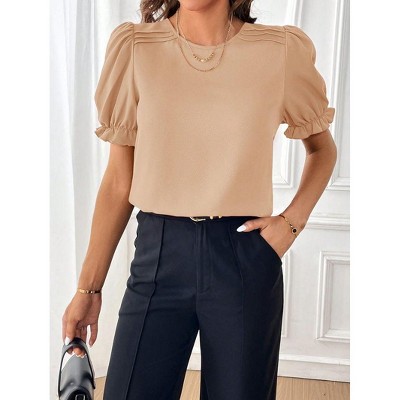 Coolmee Women Summer Blouse Casual Puff Short Sleeve Tops Fashion Crew Neck Tunic Shirts