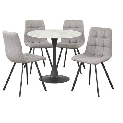 36" 5Pc Rho Round Dining Set Gray - Buylateral: Marble Look, Black Metal Base, 4 Upholstered Chairs