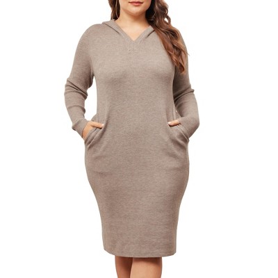Agnes Orinda Women's Plus Size  V Neck Long Sleeve Knit Midi Pullover Hooded Sweater Dresses