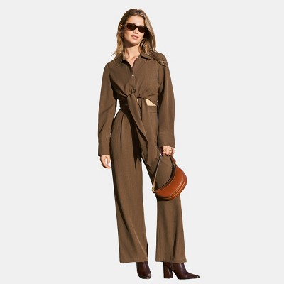 Women's Espresso Brown Cropped Top and Straight Leg Pants Set - Cupshe