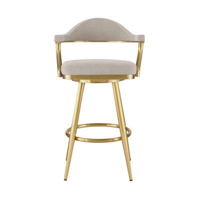 HomeRoots 30" Taupe and Gold Fabric and Stainless Steel Bar Height Swivel Bar Chair