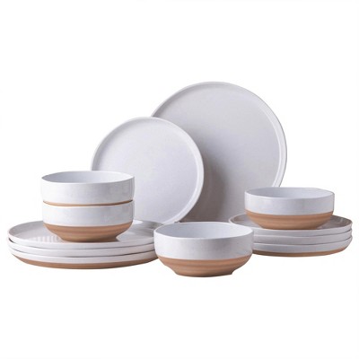 Itopfox Ceramic Dinnerware Set for 4, 12-Piece Handpainted Plates and Bowls with Rustic Terracotta Underside, Scratch Resistant Stoneware Dishes