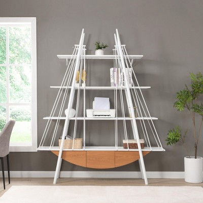YONWAY Boat-Shaped Bookshelf, 4 Tier Ladder Bookcase with Drawer for Storage Display Decoration Easy Assembly for Living Room and Home Office
