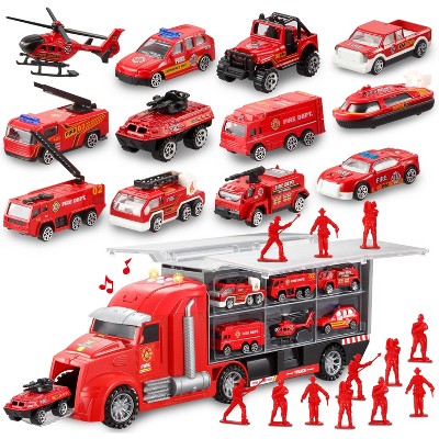 Joyfy 25-in-1 Fire Truck Toy Set– Fire Engine Vehicles in Carrier Truck with Lights & Sounds, Mini Rescue Emergency Cars, Birthday Gift for Boys 3+