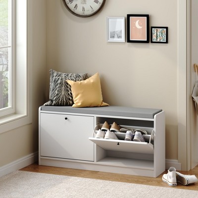 KWPZQEB Shoe Storage Bench, Entryway Bench with Storage, Shoe Rack with Flip Drawers and Cushion, Wooden Shoe Organizer for Entryway Hallway, White