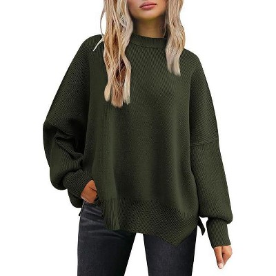 Coolmee Womens Crewneck Batwing Long Sleeve Sweaters Fall Oversized Side Slit Ribbed Knit Sweaters Pullover Tops