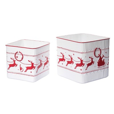 Transpac Metal 10.25 in White Christmas Santa Sleigh Containers Set of 2 Decorative Iron Storage Bins