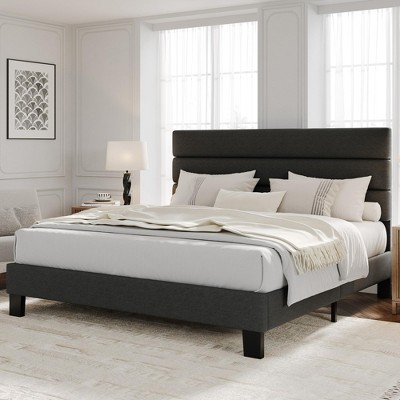 Bed Frame with Adjustable Headboard, Heavy Duty 1000lb Support, No Box Spring Needed, Dark Grey Upholstered Platform Base, Easy Assembly