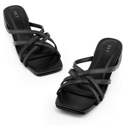 BLISSFUL STEP Women's Cross Strap Chunky Heel Square Toe Heeled Sandals