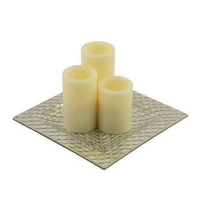 Pacific Accents Pandora Mosaic Tray With 3 Ivory Wax Flameless Pillar Candles - Contemporary Style