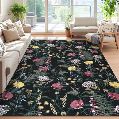 Floral Print Area Rugs Farmhouse Accent Rug with Non-Slip Backing, Washable Soft Low Pile Indoor Floor Mats for Bedroom, Living Room