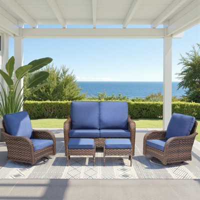 Buenhomino 5 Piece Patio Furniture Set, Wicker Patio Conversation Sets with Swivel Chairs, Outdoor Loveseat Sofa Sets with 2 Ottomans for Backyard