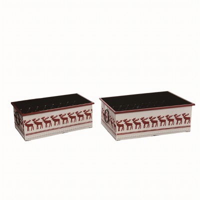 Transpac 16.5 in Multicolor Christmas Reindeer Enamel Bins Set of 2 Decorative Metal Storage Boxes for Holiday Decor