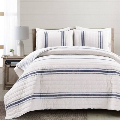 3pc King Farmhouse Striped Quilt Bedding Set Navy Blue - Lush Décor: Includes 2 Shams, Machine Washable