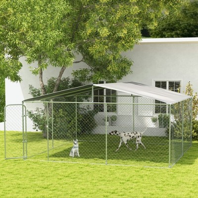 Resenkos Dog Kennel,Outdoor Dog Kennel Galvanized Steel Fence with Cover Secure Lock Mesh Sidewalls for Backyard 15' x 15' x 7.5' Silver
