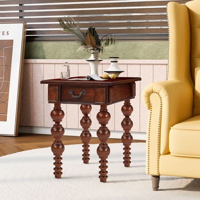 Sapphtopaz Retro End Table with Storage Drawer Narrow Sofa Side Table with Solid Wood Gourd-Shaped Legs Coffee Table for Living Room,Bedroom