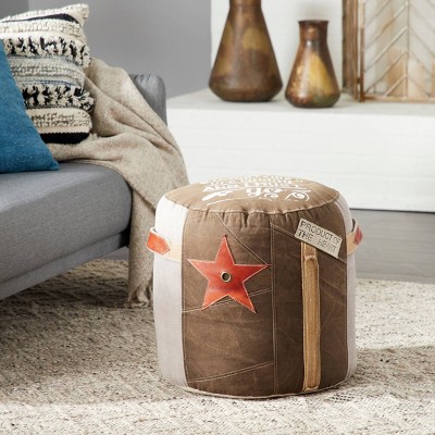 Olivia & May Canvas Pouf with Star Motif Brown: Rustic Unupholstered Round Ottoman, No Assembly Required