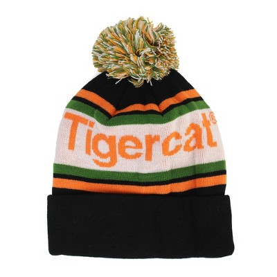 Multi-Colored Tigercat Knit Beanie with Pom-Pom: Black, White, Orange & Green CV846