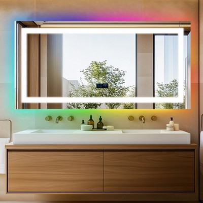 Overlength Rectangle RGB LED Bathroom Mirror w/ Bluetooth Speaker Vanity Mirror for Make Up