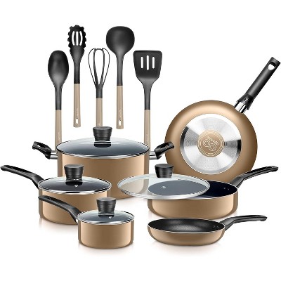 SereneLife 15 Piece Kitchenware Pots & Pans Set – Basic Kitchen Cookware, Black Non-Stick Coating Inside, Heat Resistant Lacquer (Gold)
