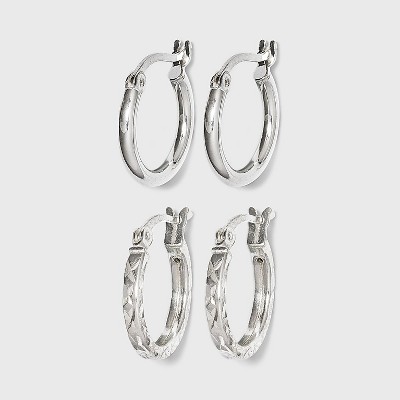 Sterling Silver Tube and Square Cut Hoop Earring Set 3pc - A New Day™ Silver: Polished Nickel-Free Metal, Clip-In Clasp