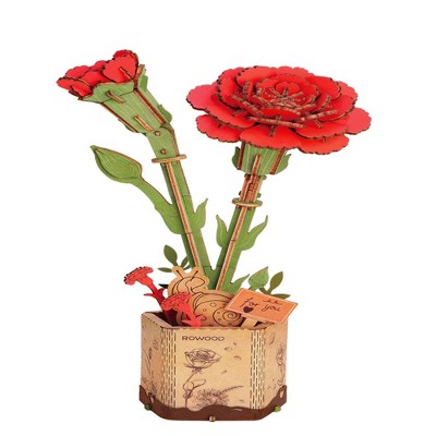 ROBOTIME 3D Puzzles Carnation DIY Model Building Kits Artifical Flower Toys Thanksgiving Mother's Day Valentine's Day, Multicolored, 9.65"*6.5"*1.65"