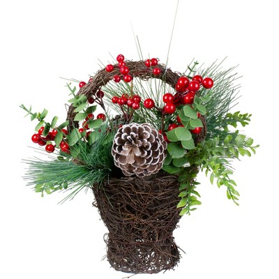 Northlight 15" Eucalyptus Pine and Berry Artificial Christmas Grapevine Basket