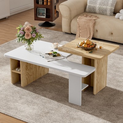 KWPZQEB Nesting Coffee Table Set of 2, Rectangle Coffee Table Wood Grain Top with Storage Shelves, Farmhouse Coffee Tables for Living Room