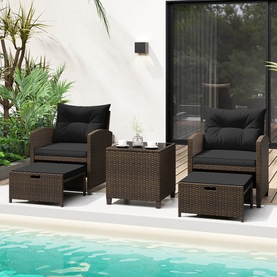 Costway 5 Piece Patio Rattan Furniture with 2 Ottomans & Tempered Glass Coffee Table Black/Off White/Navy/Red/Gray